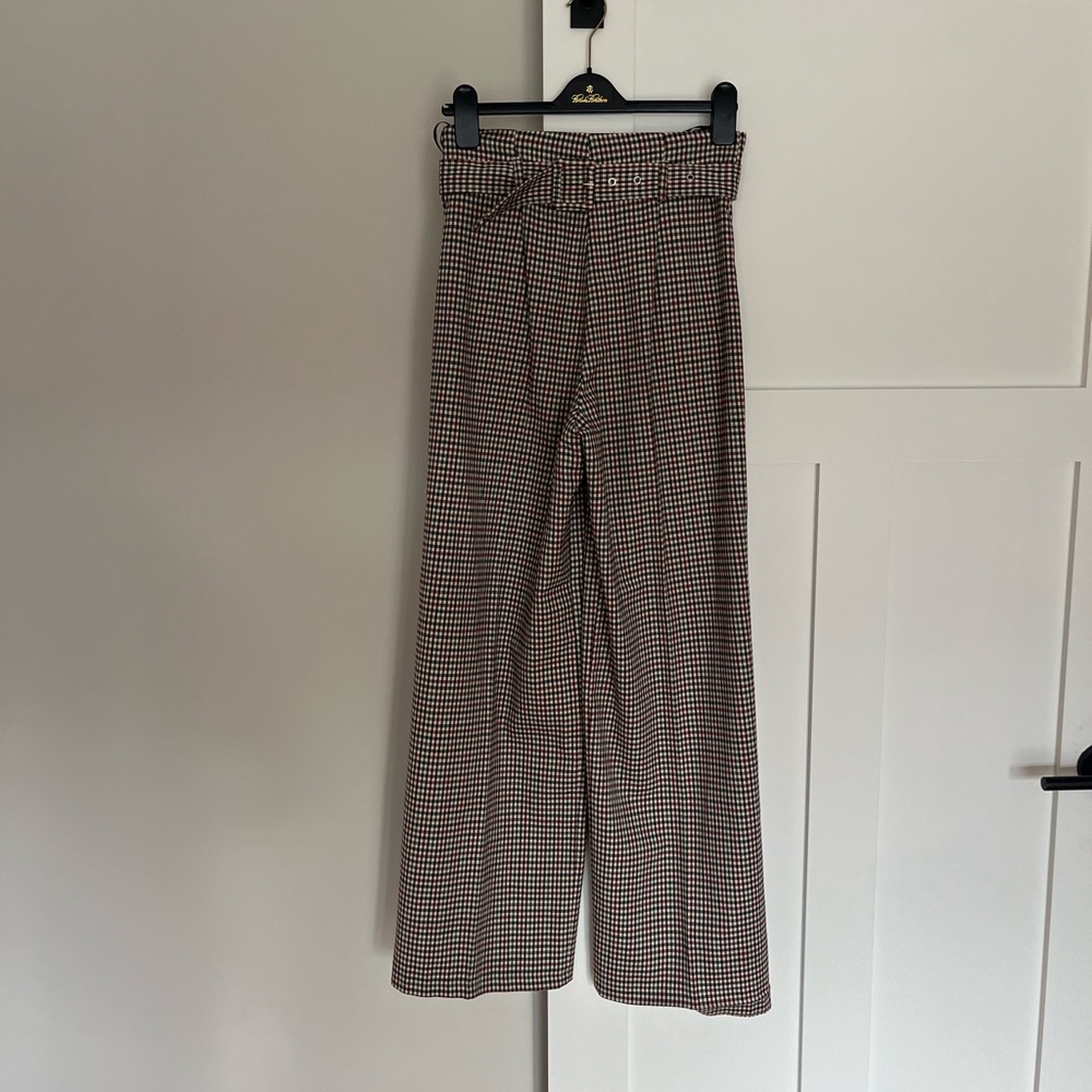 Miss Selfridge Plaid High Waisted Flowy Pants with Belt - Size 4